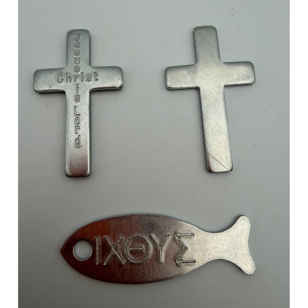 Christian Cross & Ichthys Fish Metal Charm Set Jesus Christ is Lord Silver Tone